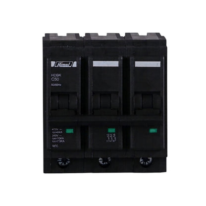 A black three-pole circuit breaker with three switch handles, featuring the HinoL brand logo and technical specifications on the front, set against a plain white background.