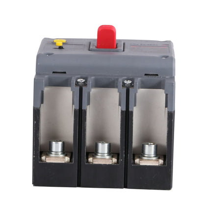 A three-pole electrical circuit breaker with a gray top housing, black lower housing, a red switch handle, and three silver screw terminals.
