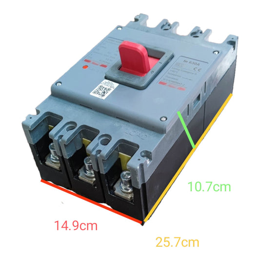 A three-terminal electrical circuit breaker with a gray plastic housing, black base, and red switch handle, shown with overlaid dimension labels in centimeters on a white background.