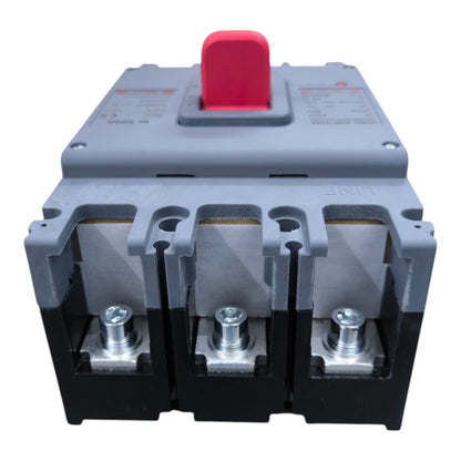 A three-pole electrical circuit breaker with a gray top housing, a red top handle, and black lower housing with three metal terminal screws, shown on a white background.