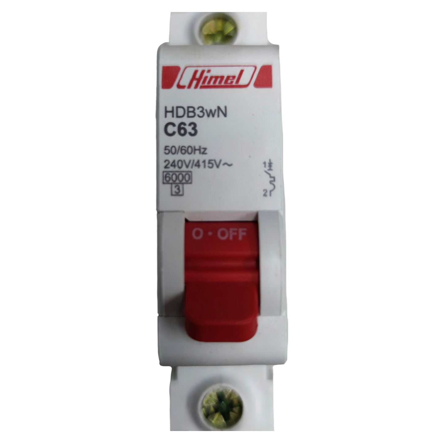 Electrical circuit breaker with red toggle switch on a white background, branded 'Himel'.