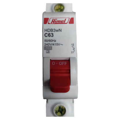 Electrical circuit breaker with red toggle switch on a white background, branded 'Himel'.