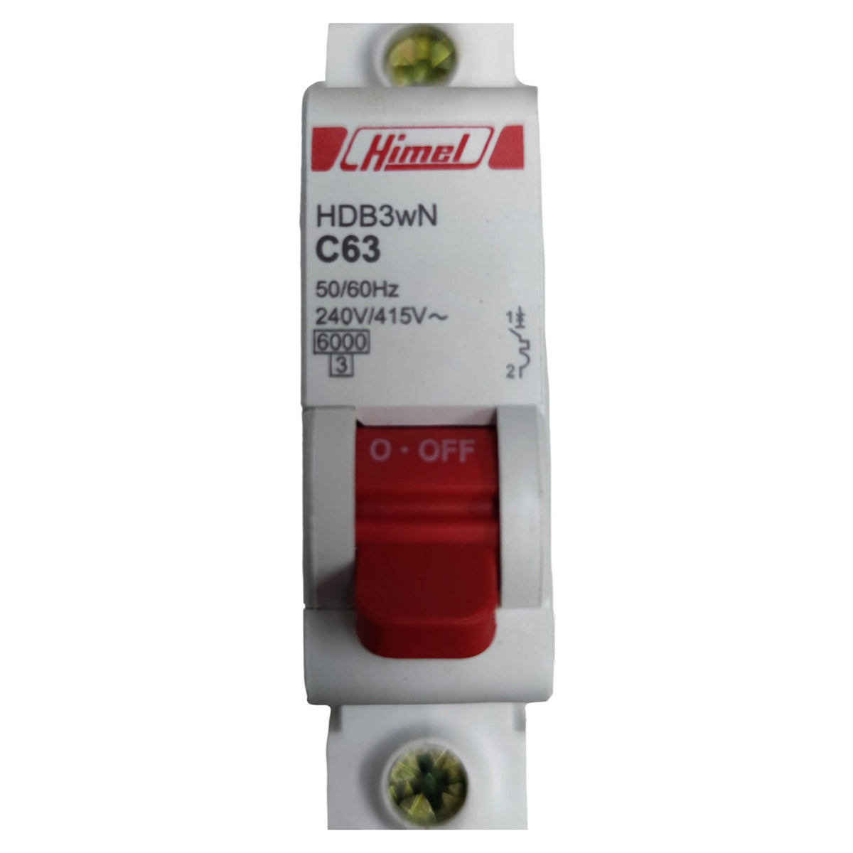 Electrical circuit breaker with red toggle switch on a white background, branded 'Himel'.