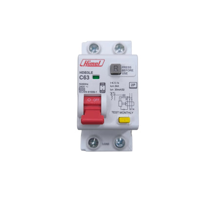 Circuit breaker with red and yellow buttons on a white background