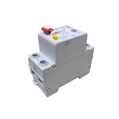 Electrical circuit breaker with red and yellow labels on a white background