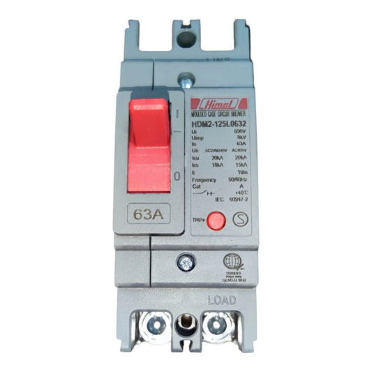 A Hinkel HD63A 125L 630V molded circuit breaker with a gray plastic housing, a red main switch, and a red reset button, shown against a plain white background.