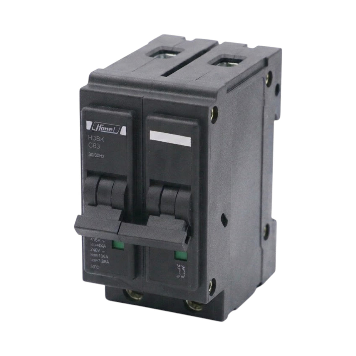 A black HameL HDB6K C65 modular electrical circuit breaker, shown from a three-quarter angle on a plain white background.