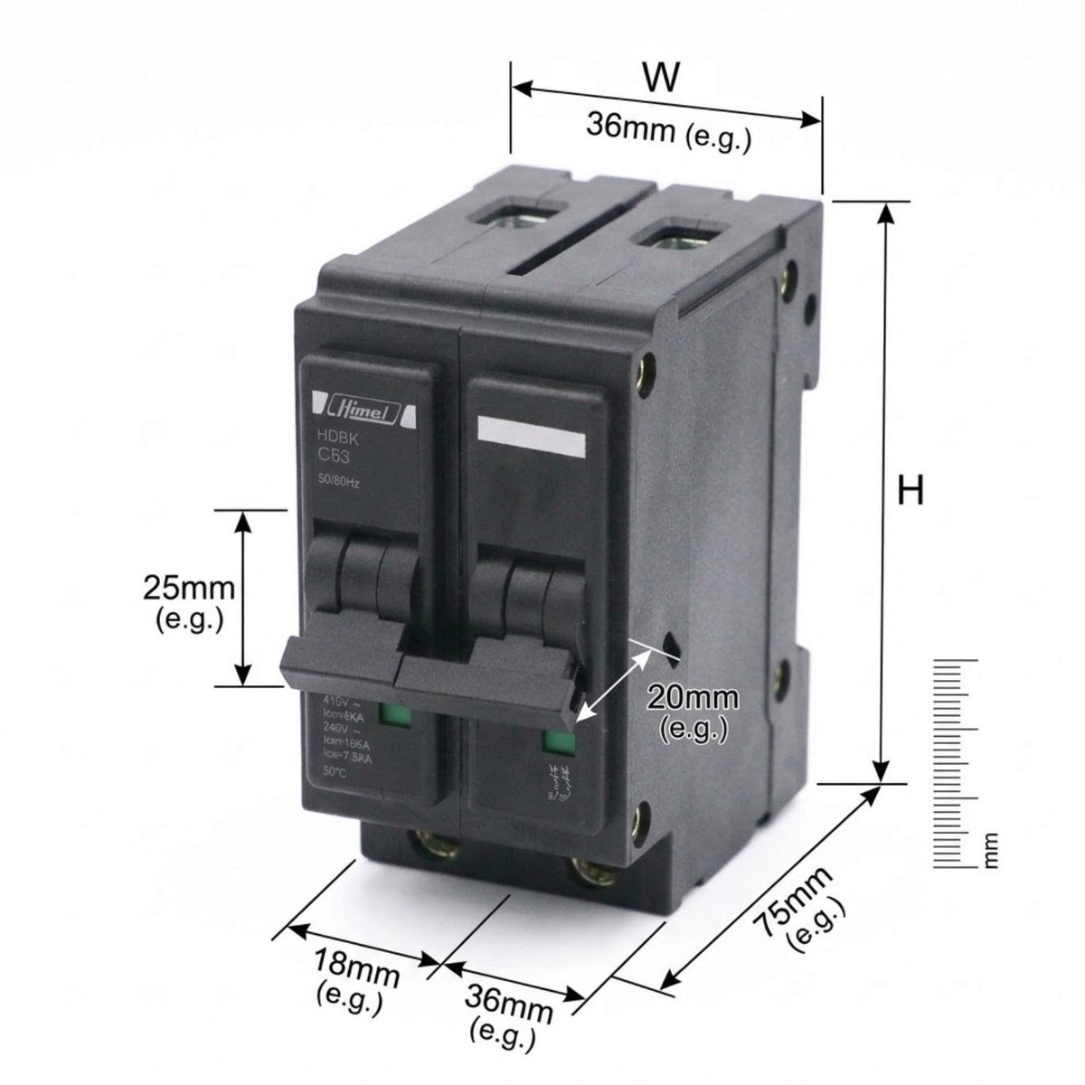 A black double-pole circuit breaker shown with dimension annotations on a white background, including width, height, depth, and switch offset measurements.
