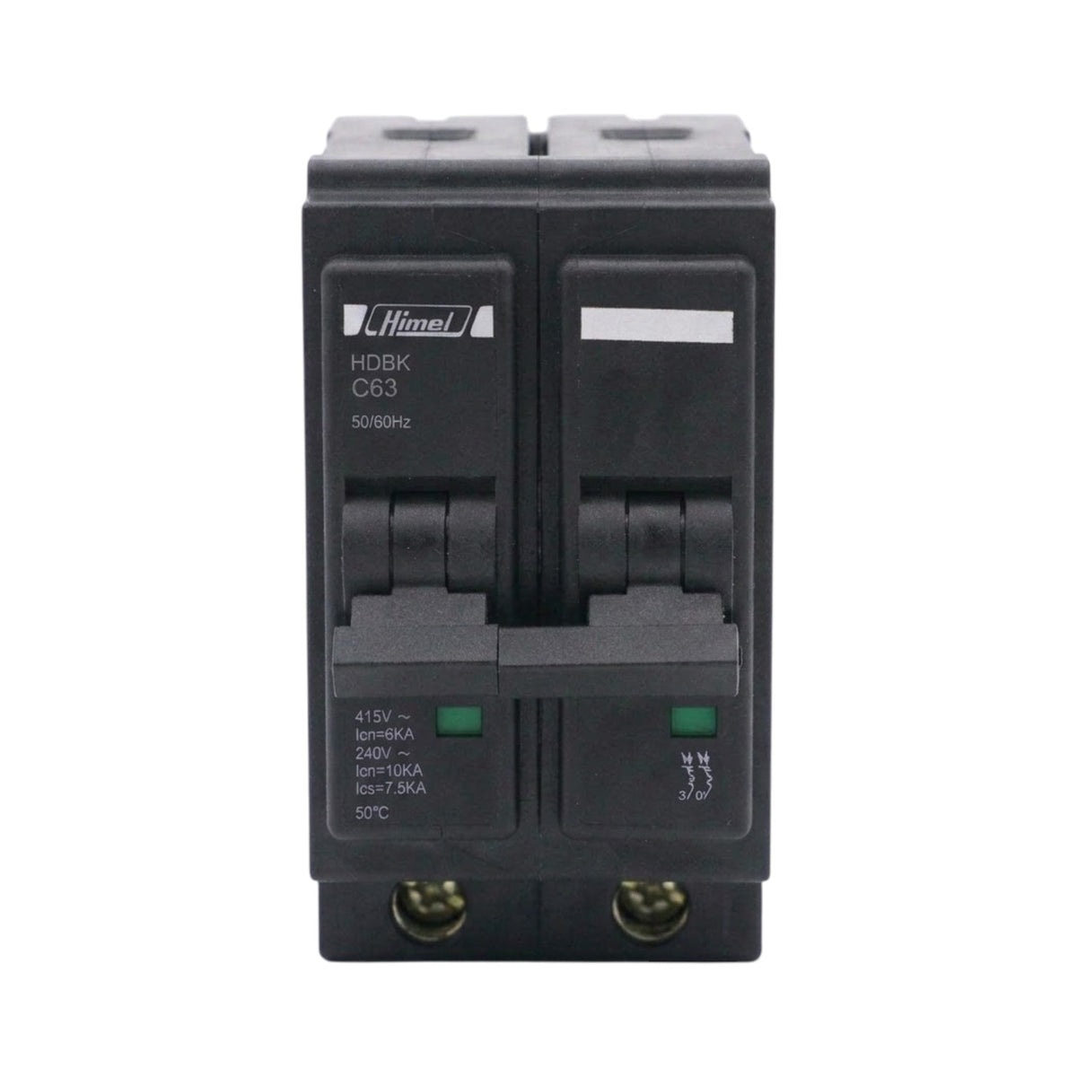 A black double-pole circuit breaker with molded plastic components, featuring printed specifications and a small green indicator light, shown against a plain white background.