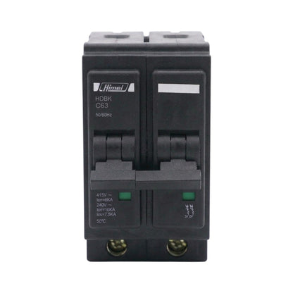 A black double-pole circuit breaker with molded plastic components, featuring printed specifications and a small green indicator light, shown against a plain white background.