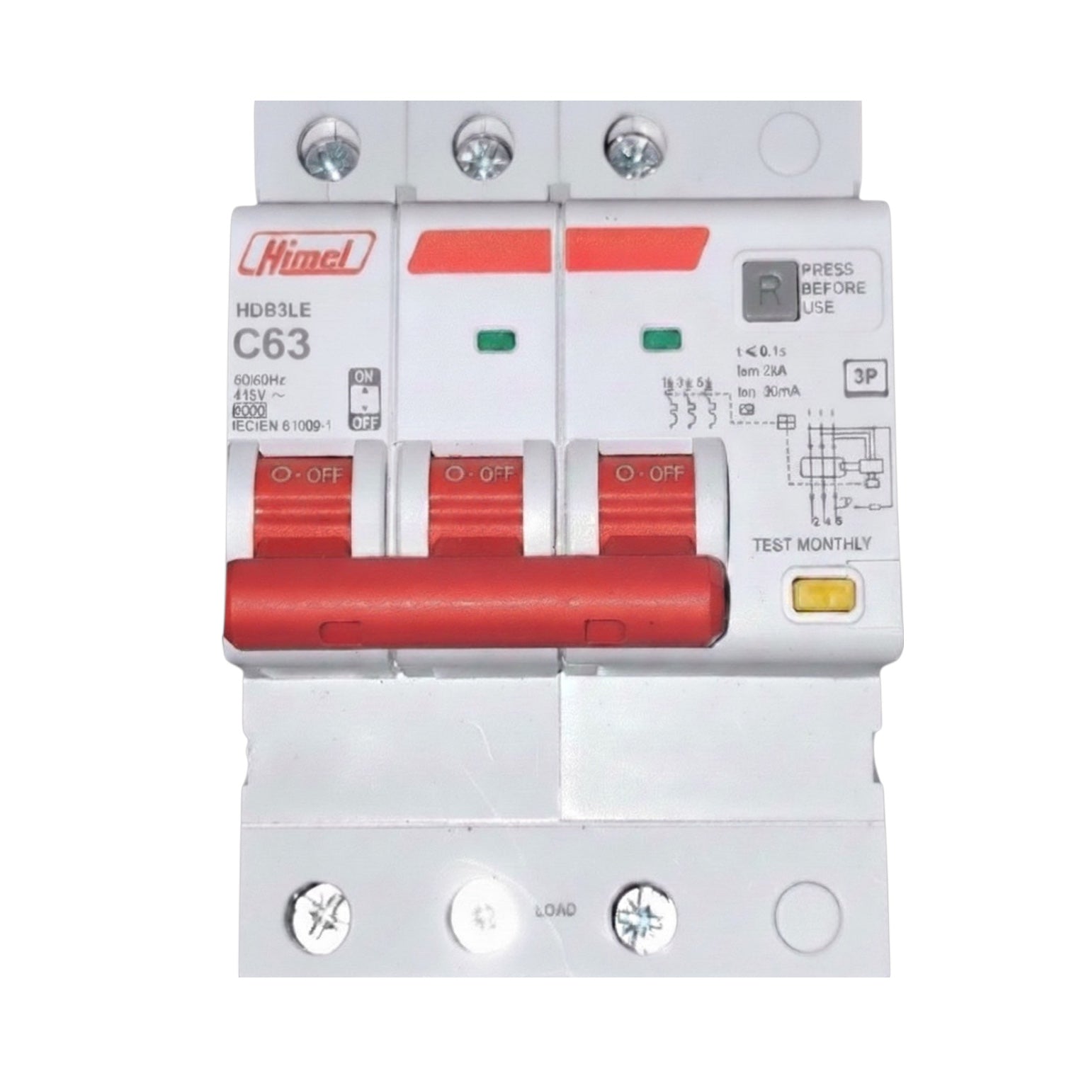 A Himek HDB3LE C63 three-way circuit breaker with red handles and red accent strips on a white plastic housing, shown against a plain white background.