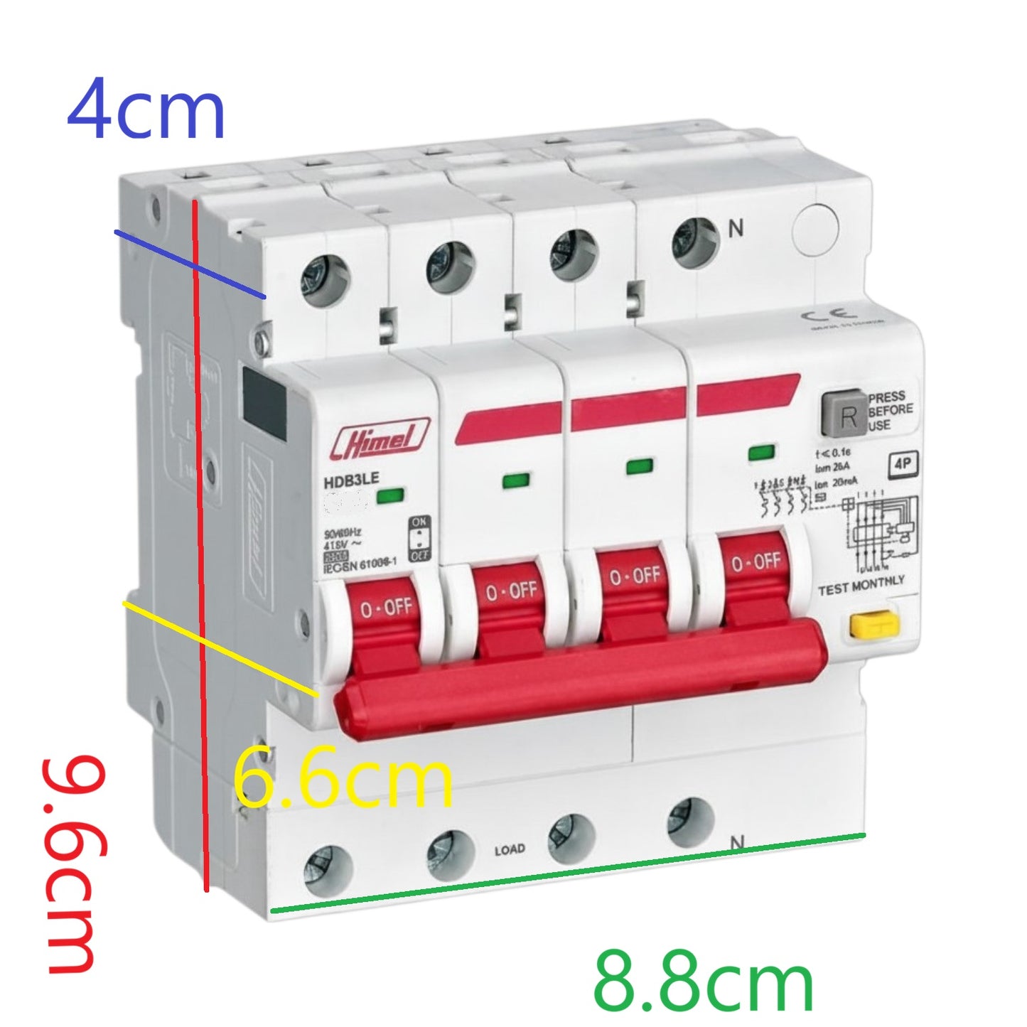 Electrical circuit breaker with dimensions labeled on a white background