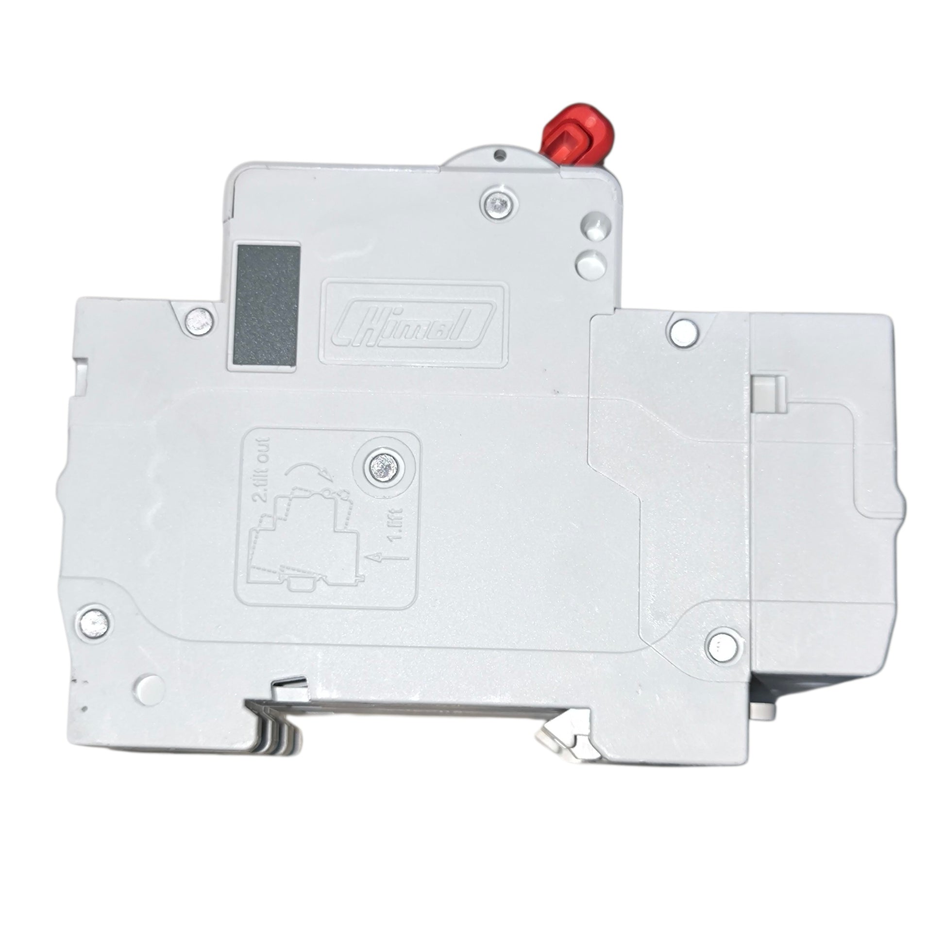 White electronic component with a red indicator light on a white background