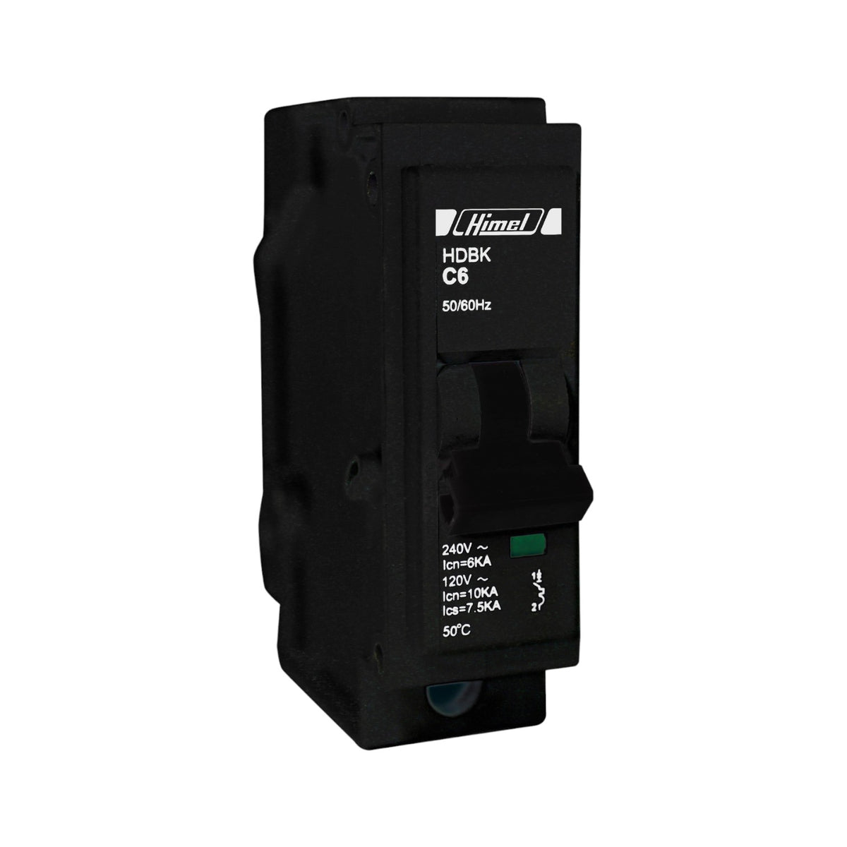A black Hombi HDBK C6 circuit breaker, 50/60Hz, 16A, shown at a three-quarter angle on a plain white background.
