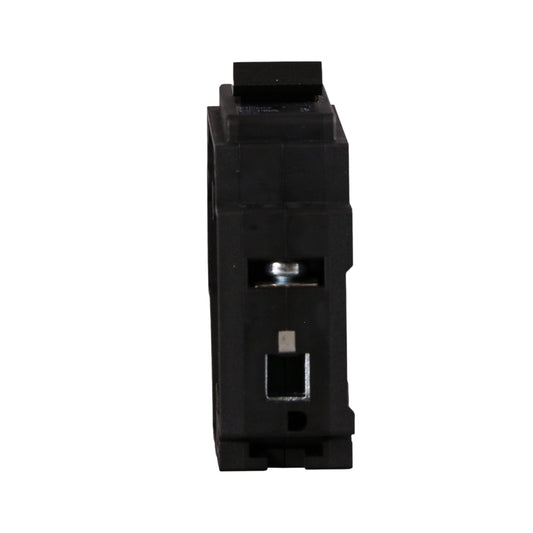 A black electrical circuit breaker component shown from the front against a plain white background.