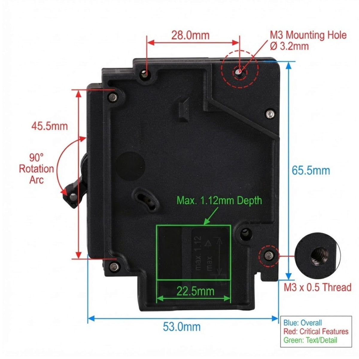 Technical dimension diagram of a black plastic mounting bracket with red, blue, and green measurement lines and labels showing dimensions, thread details, and mounting holes on a white background.