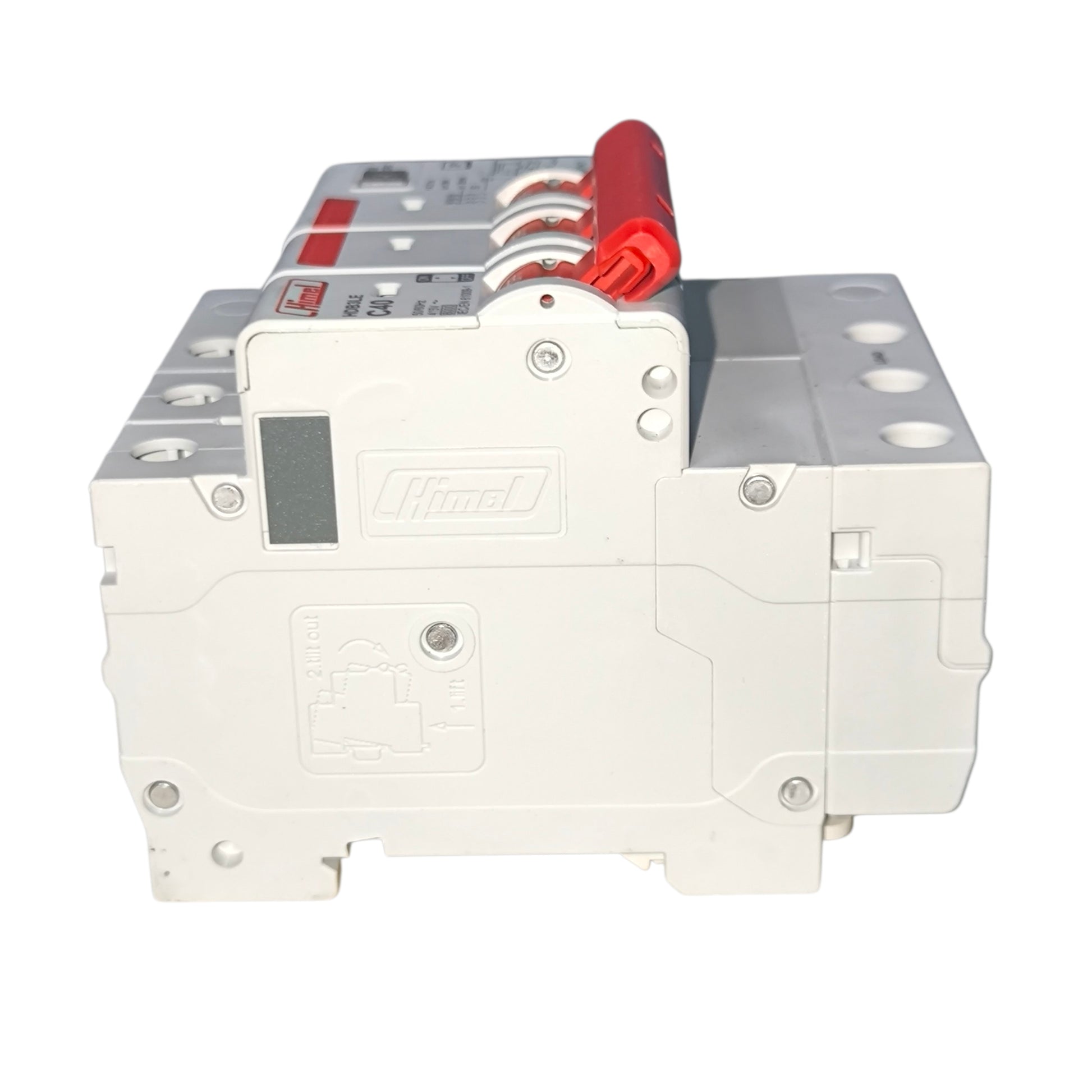 Electrical circuit breaker with red and white cables on a white background