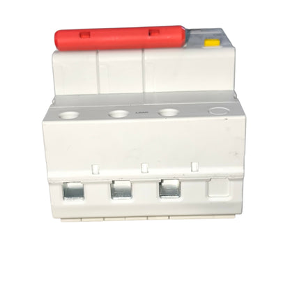 Electrical circuit breaker with red handle on a white background