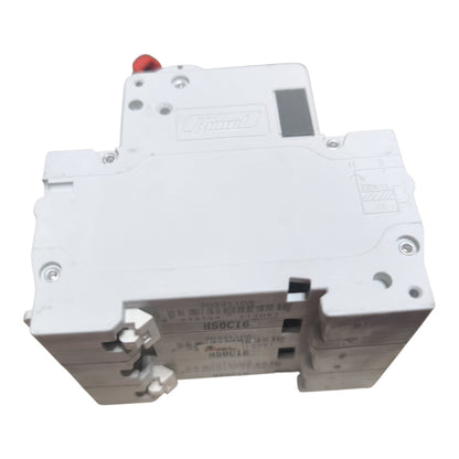 A white Schneider Electric circuit breaker module with a small red terminal and printed specifications on the side, isolated on a white background.
