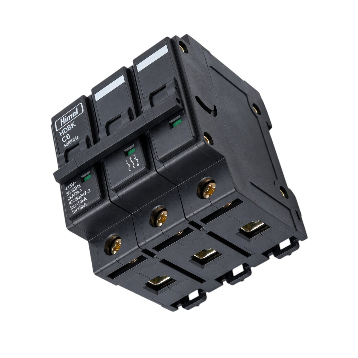 A black modular electrical contactor with three main trip units and three auxiliary contacts, featuring gold-colored terminal screws and a white brand label on a clean white background.