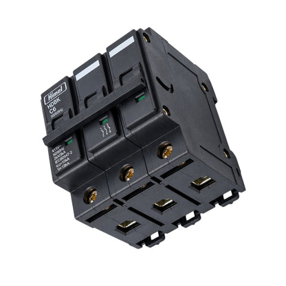 A black modular electrical contactor with three main trip units and three auxiliary contacts, featuring gold-colored terminal screws and a white brand label on a clean white background.
