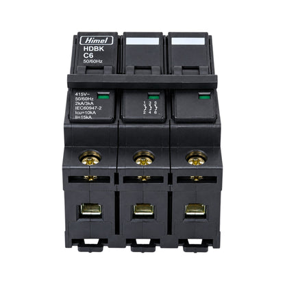 A three-pole circuit breaker module by Himel, model HDBK C6, with a black plastic housing and gold-colored metal terminal screws, shown on a plain white background.