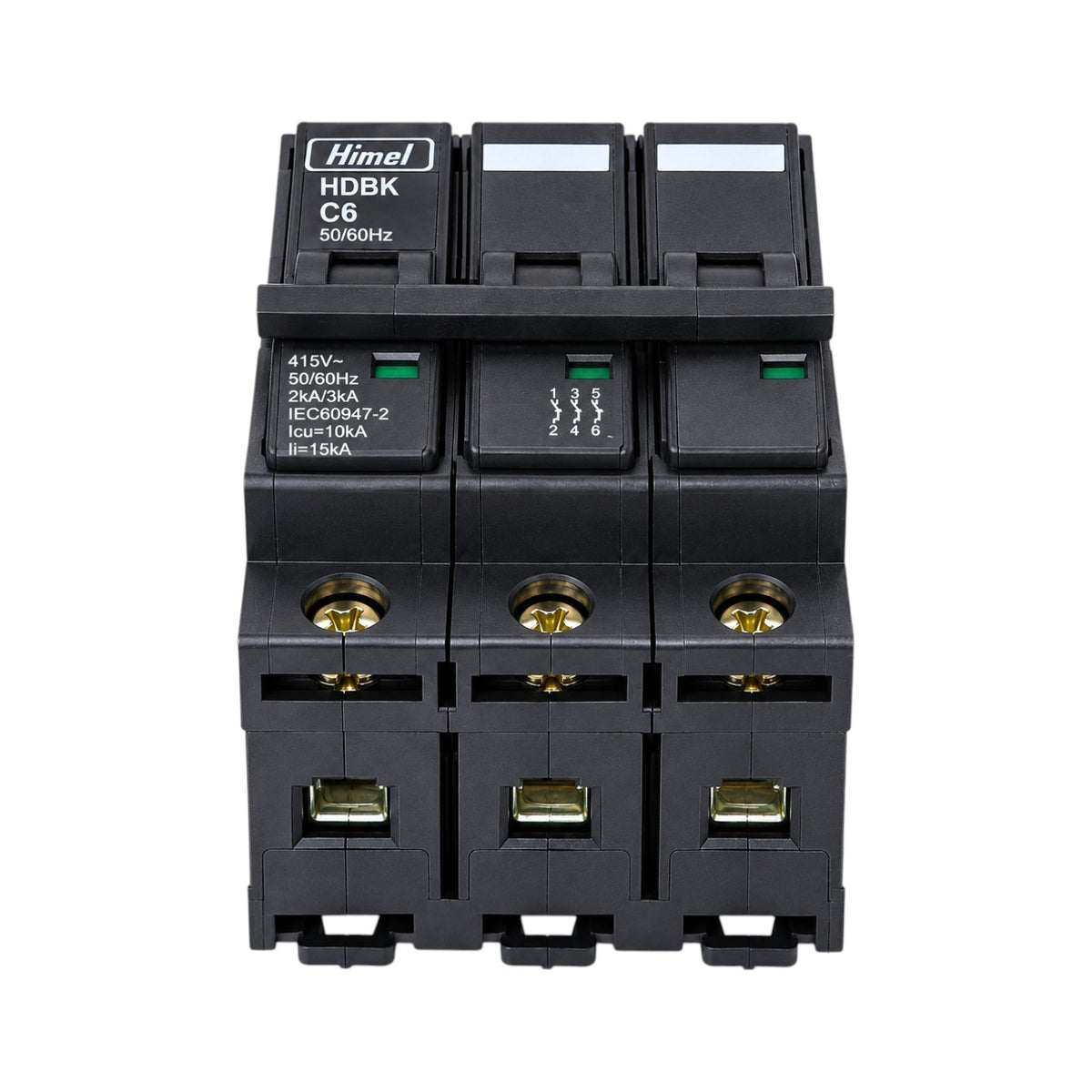 A three-pole circuit breaker module by Himel, model HDBK C6, with a black plastic housing and gold-colored metal terminal screws, shown on a plain white background.