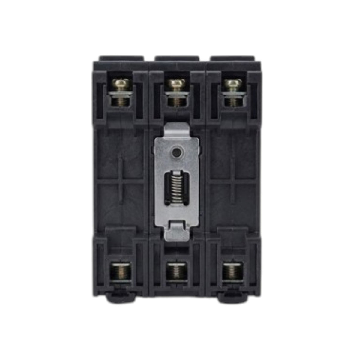 A black electrical contactor or relay component with a central silver latch, shown against a plain white background.