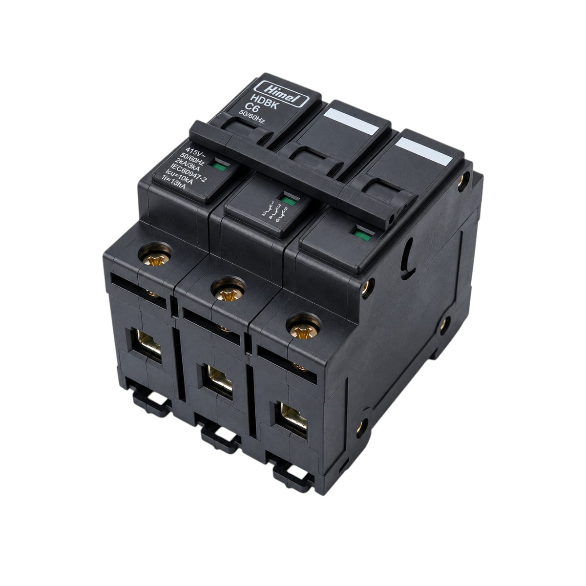 A black three-pole circuit breaker with molded trip levers, shown on a plain white background.