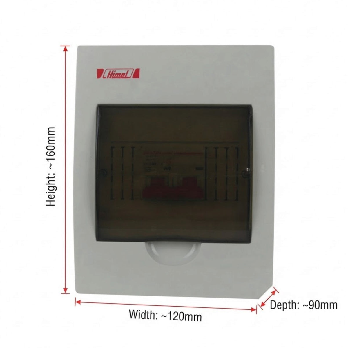 A white electrical distribution board cover with a dark translucent front door, shown with red dimension arrows and labels indicating height ~160mm, width ~120mm, and depth ~90mm on a white background.