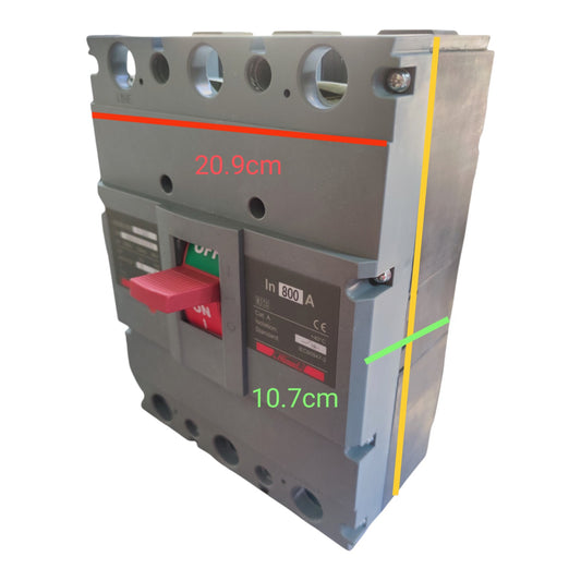 A gray electrical circuit breaker with red and green switch components, overlaid with red, green, and yellow measurement lines and text showing dimensions 20.9cm, 10.