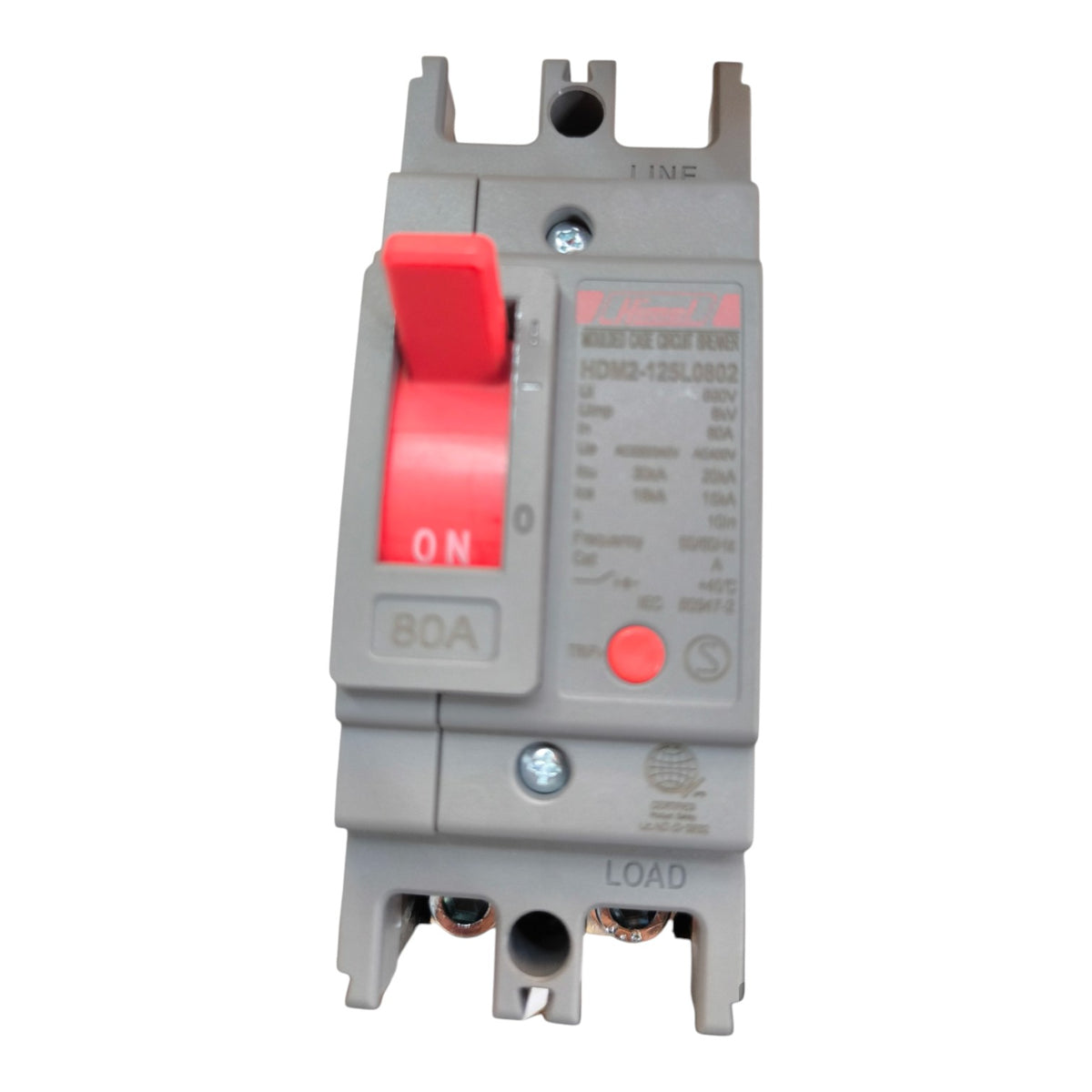 A Schneider Electric Homicide 60A AC circuit breaker with a gray plastic housing, a red toggle switch, and a red ON button, shown on a white background.