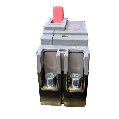 A gray electrical circuit breaker with a red top switch handle and two metal terminal screws, shown on a plain white background.