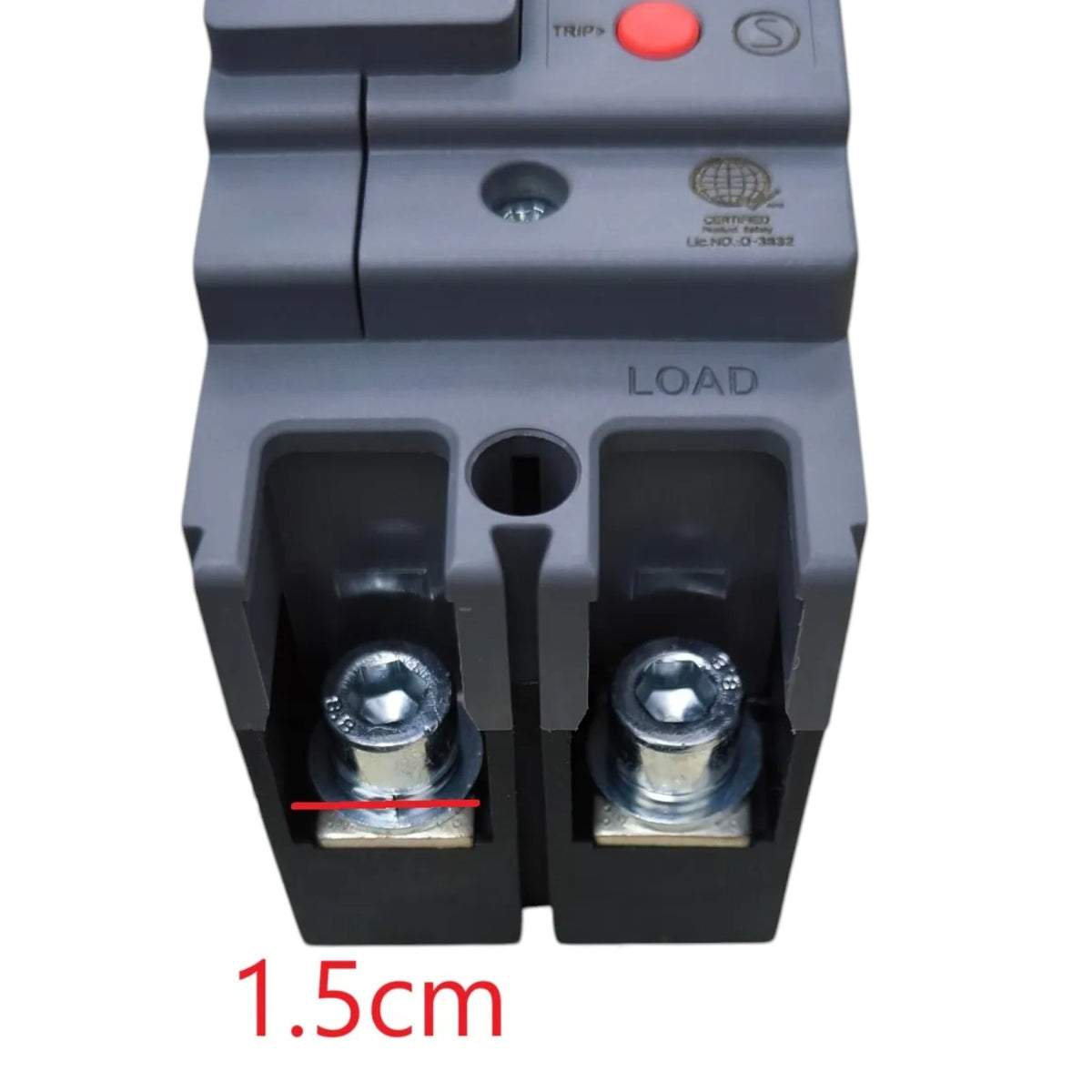 Close-up of a gray electrical terminal block with two metal screw terminals, labeled LOAD, and a red measurement overlay reading 1.5cm.
