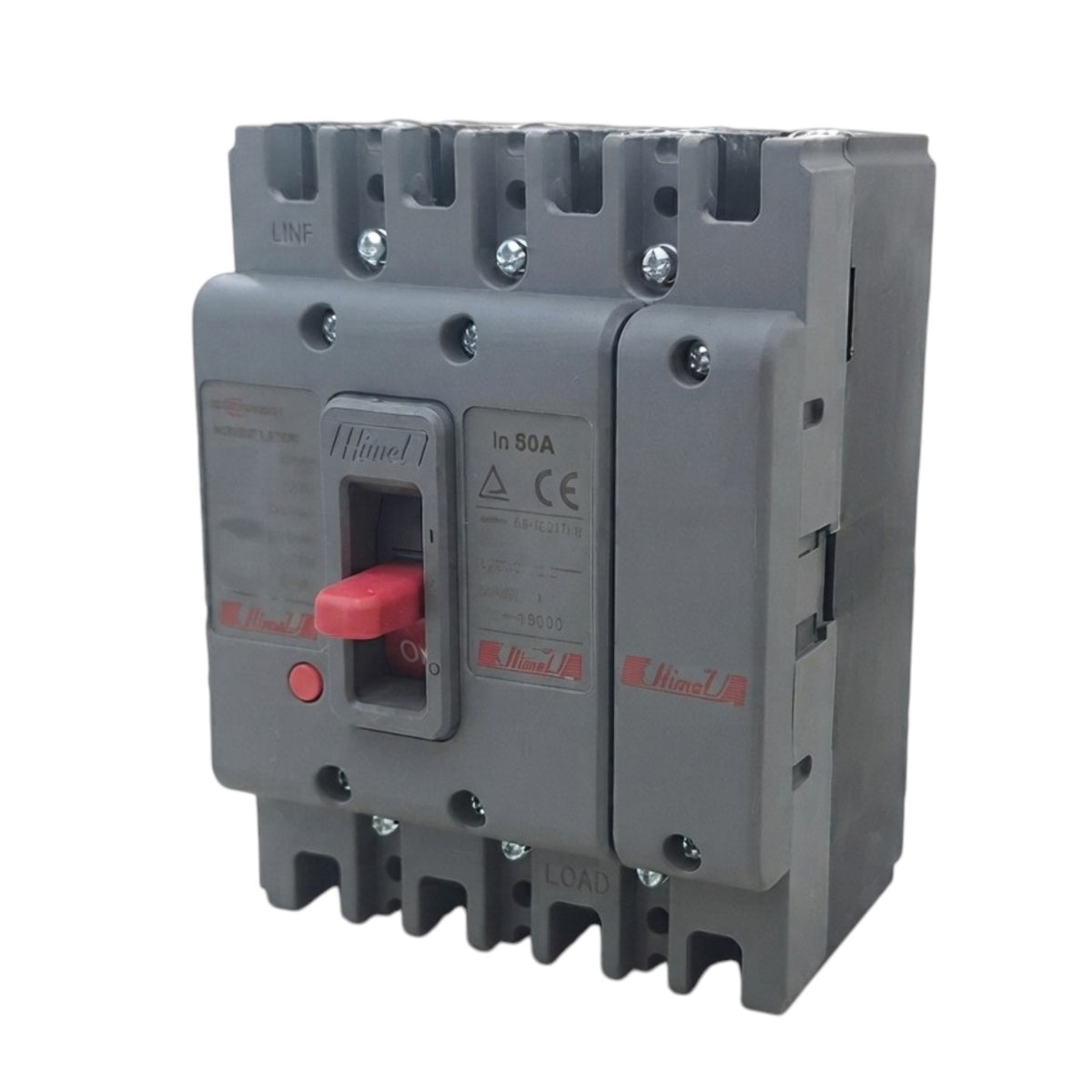 A gray electrical circuit breaker with a red handle and red brand markings, photographed on a plain white background.