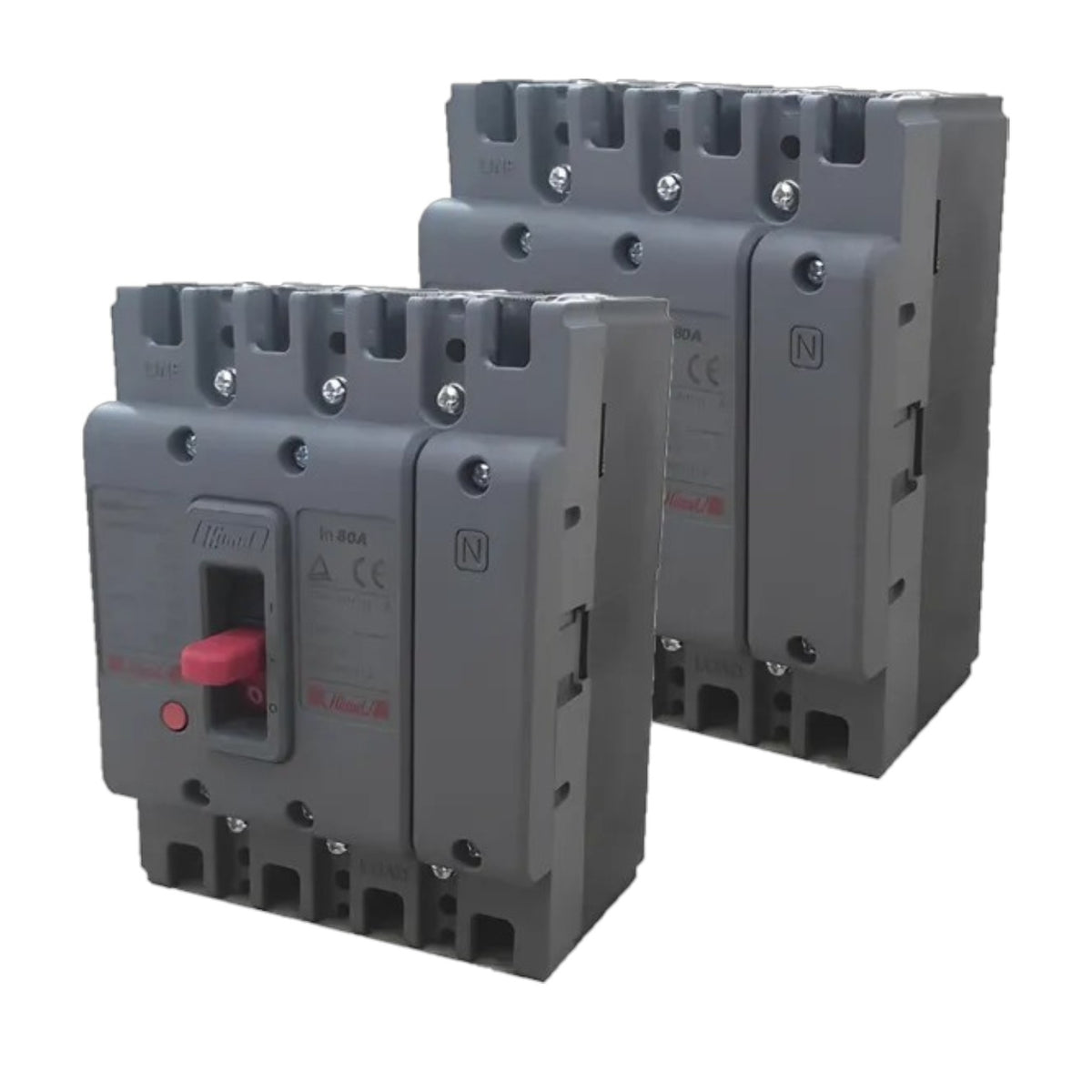 Two gray electrical circuit breakers shown on a plain white background, with one in front and one behind. The front breaker has a red switch handle and printed specifications on the side.