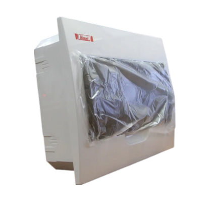 A white electrical distribution box with a clear protective plastic cover over the front panel, shown on a plain white background.