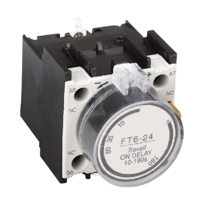 A black and white electrical contact relay with a rotary on-delay switch, labeled FT6-24, on a plain white background.
