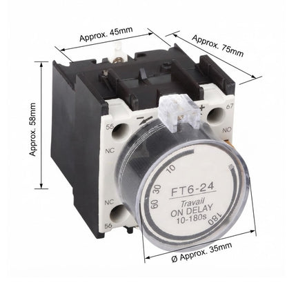 A black and white electrical relay component with dimension annotations showing measurements such as 58mm, 45mm, 75mm, and 35mm on a plain white background.