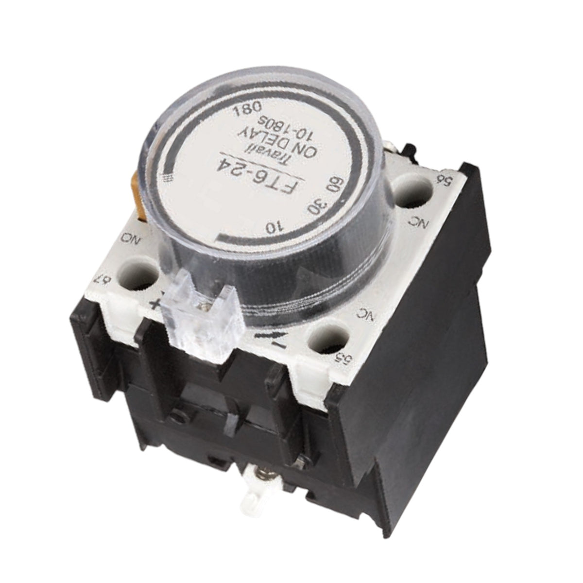 A small electrical delay timer relay component with a black plastic housing, white terminal markings, and a circular silver-gray dial cover on a plain white background.