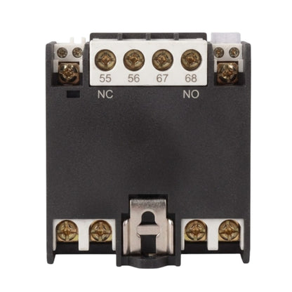 A black industrial relay contact module with terminal screws labeled 55, 56, 67, 68, NC, and NO, shown on a plain white background.