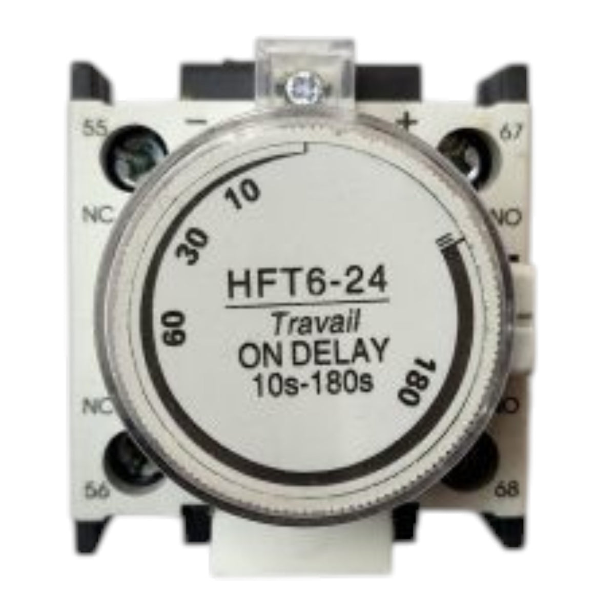 An electrical timer relay with a white faceplate, black text, and black terminal blocks, labeled 'HFT6-24 Travail ON DELAY 10s-180s'.