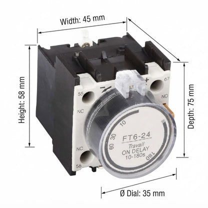 A small electrical timer relay with dimension annotations showing width 45 mm, height 58 mm, depth 75 mm, and dial diameter 35 mm on a white background.