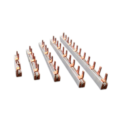 Four long rectangular metal strips with repeated copper-colored vertical prongs, arranged in ascending size order on a plain white background.