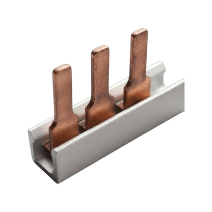 Three copper-colored flat metal leads inserted into a silver U-shaped metal holder, shown on a plain white background.