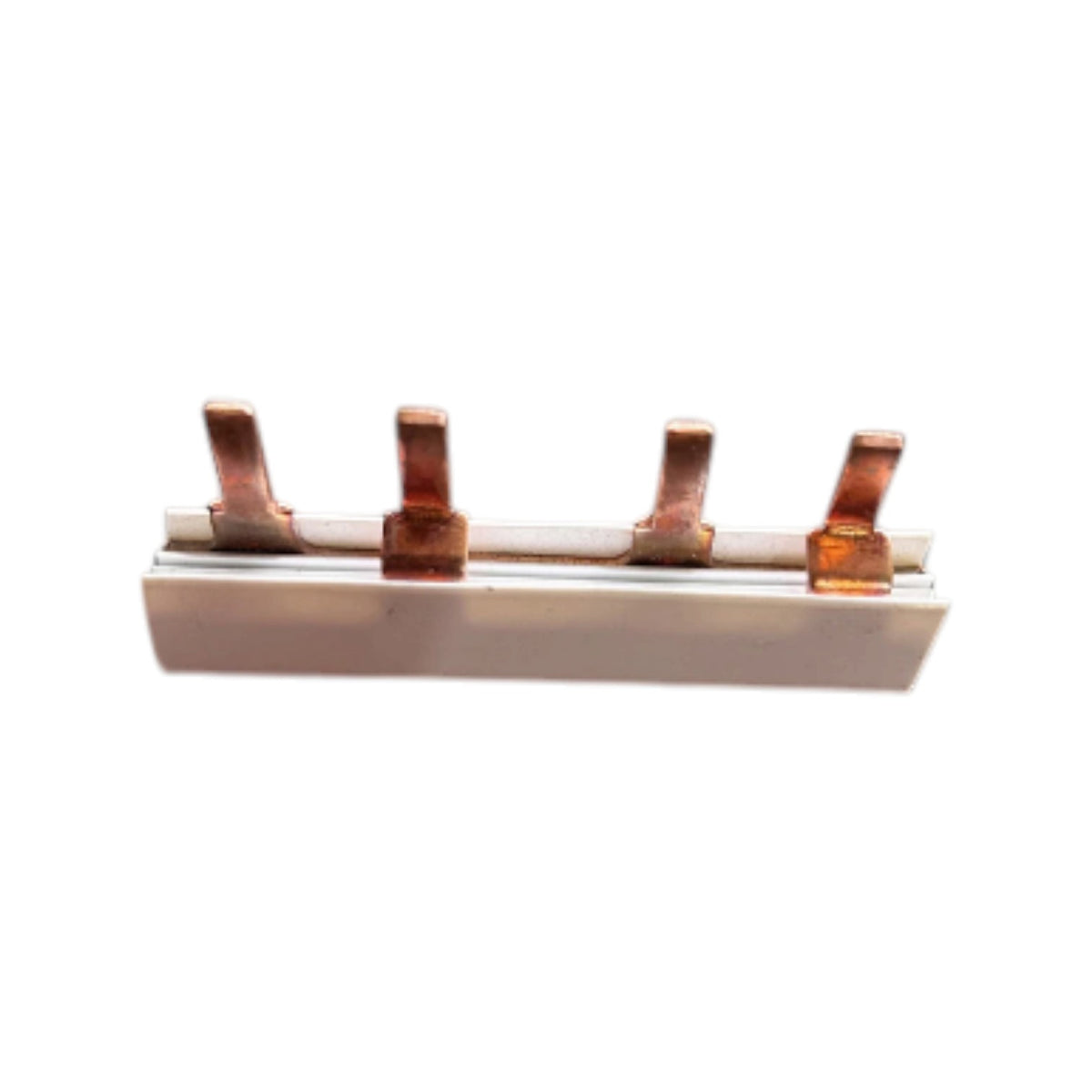 A small electrical component with a white rectangular body and four copper-colored metal terminals, shown against a plain white background.