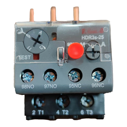 A compact electrical contactor relay module with a gray plastic housing, copper-colored terminal posts, a red button, and printed terminal labels including 98NO, 97NO, 95NC, 96NC, 2 T1, 4 T2, and 6 T3.