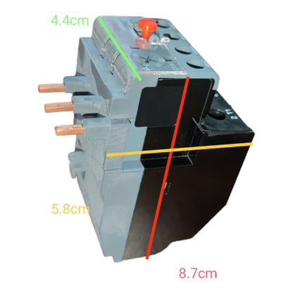 A gray and black electrical contactor or relay component on a white background with colored measurement lines and text labels showing dimensions 4.4cm, 5.