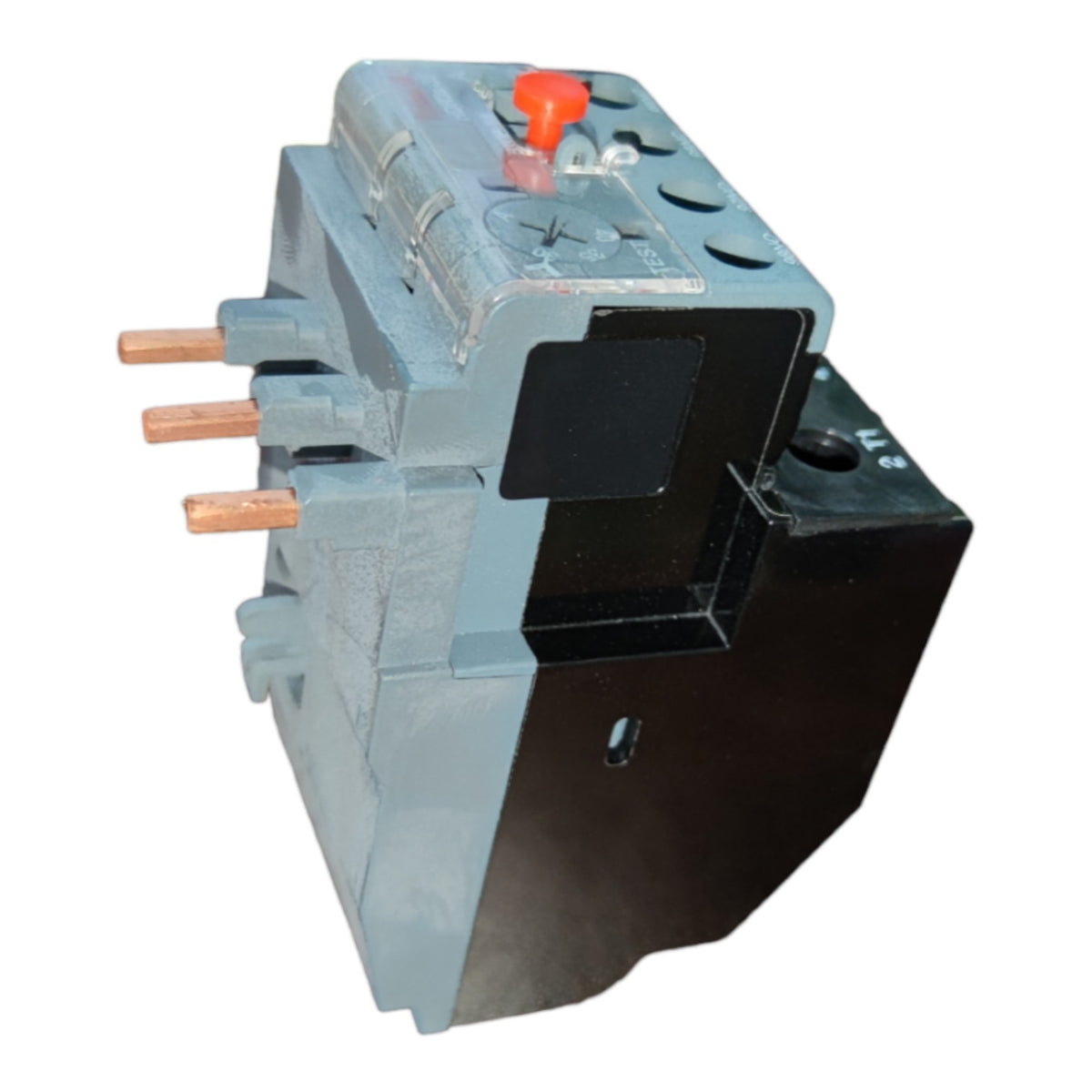 An industrial electrical contactor or relay component with a gray and black body, featuring three copper-colored terminal studs on the left and a small red switch on top, shown against a plain white background.