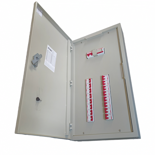 Himel 100A 2 pole circuit breaker panel with multiple switches inside a metal enclosure